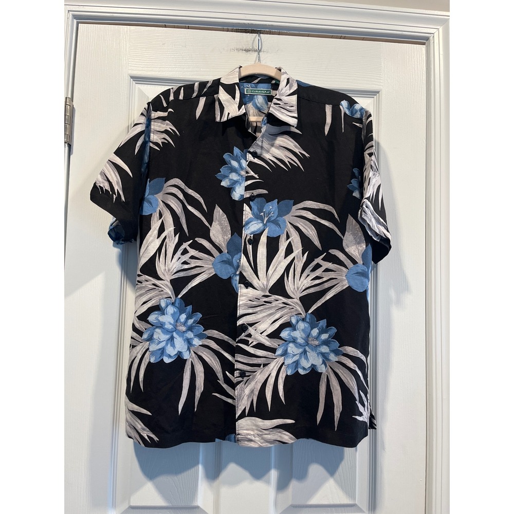 Cubavera Mens Medium Black‎ Blue Tropical Floral Short Sleeve Button Down Shirt